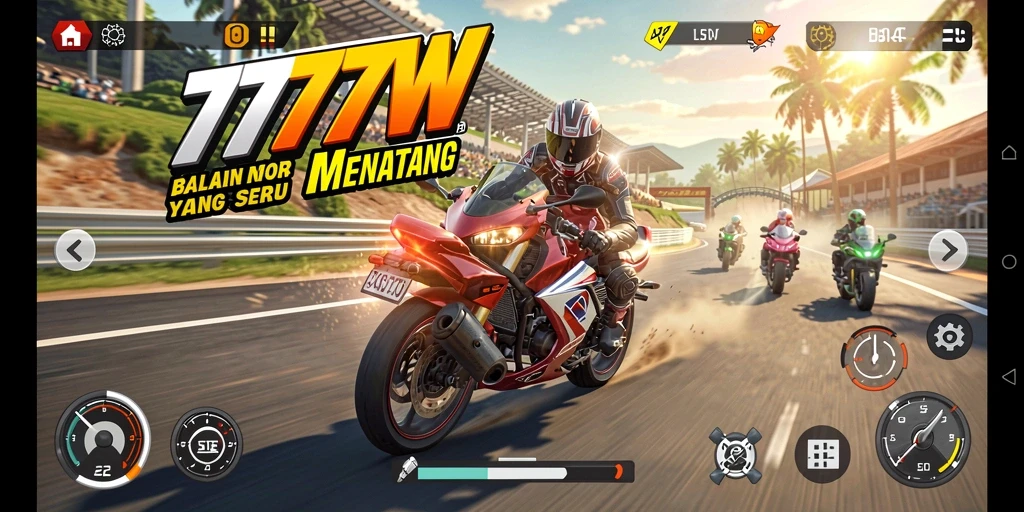 Tampilan gameplay mendebarkan balapan motor di 7777W.