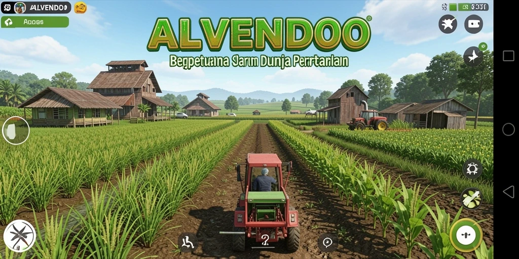 Tangkapan layar gameplay ALVENDO menampilkan suasana pertanian yang hidup dan interaktif.