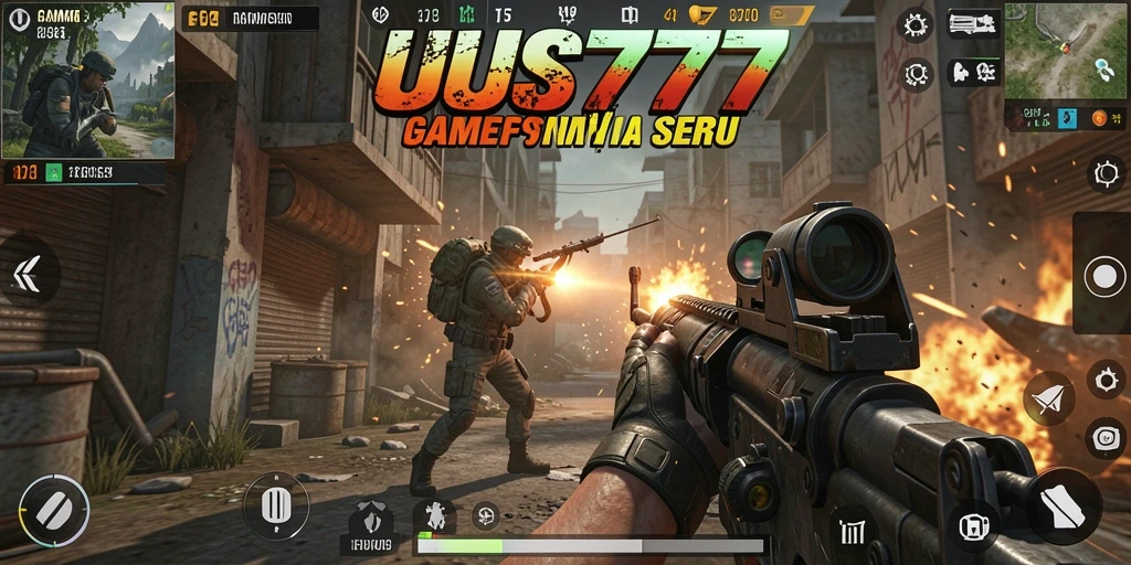 Tangkapan layar utama UUS777 menampilkan aksi gameplay FPS yang intens.